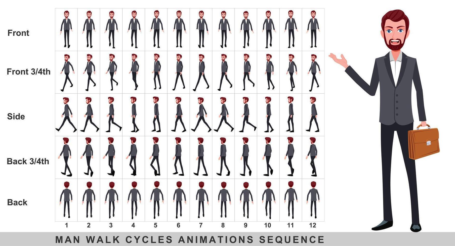 Semi Cartoon Young Businessman WalkCycles AnimationSpriteSheet vector
