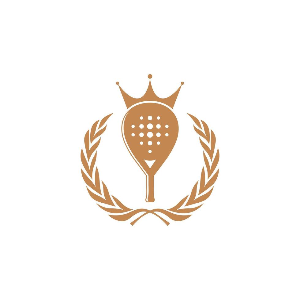 Professional padel logo with crowned racket and laurel leaves, symbolizing prestige and victory. This minimalist design in gold is ideal for tournaments or exclusive padel clubs. vector