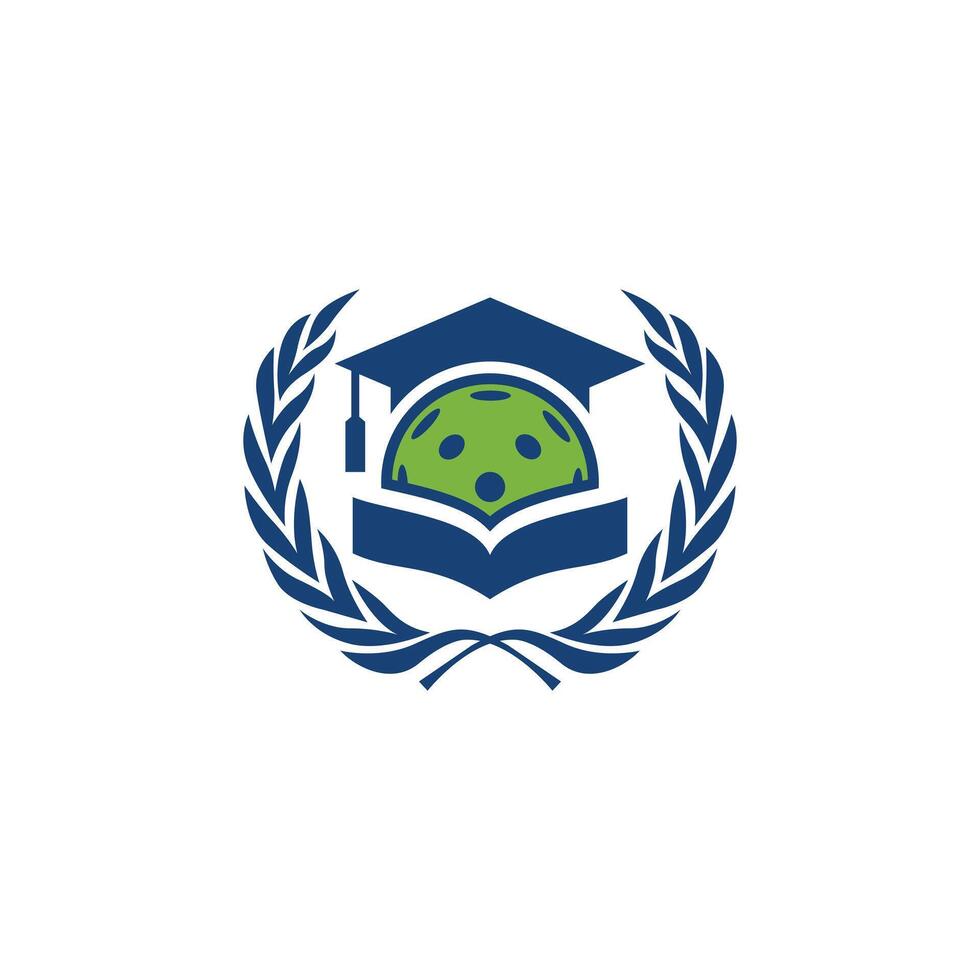 The logo features a green pickleball ball with a toga, symbolizing education and sports. Below it is an open book and surrounded by a laurel wreath as a symbol of achievement. vector