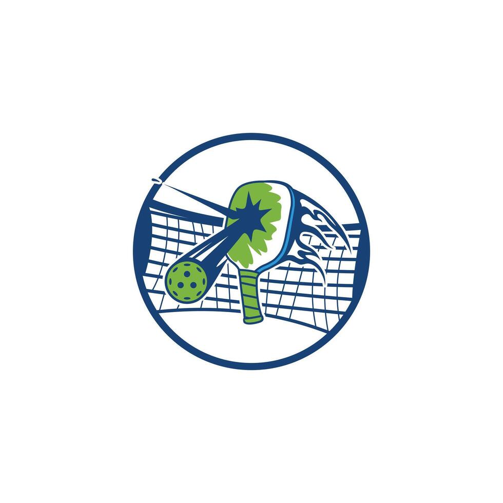 The logo features a pickleball racket hitting a ball with an explosive effect, depicting speed and power. The racket and ball are green with blue accents, vector