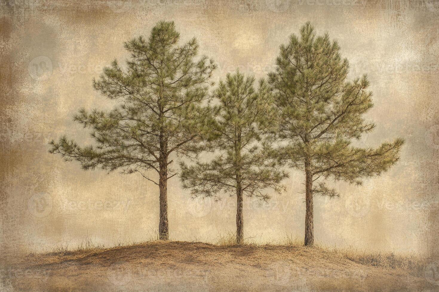 Three Evergreen Trees on a Hill Against a Textured Beige Background photo