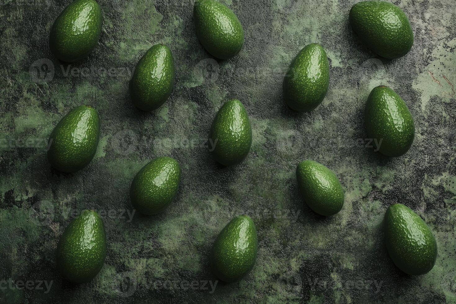 Fresh Whole Avocados Laying on Green Marble Surface Flat Lay Style photo