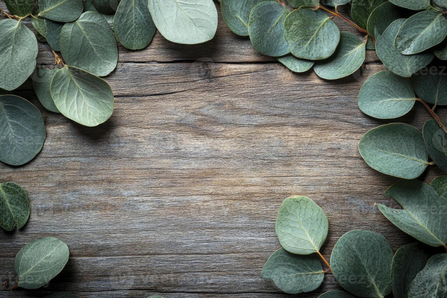 Eucalyptus Leaves Border on Rustic Wood Background for Natural Design photo