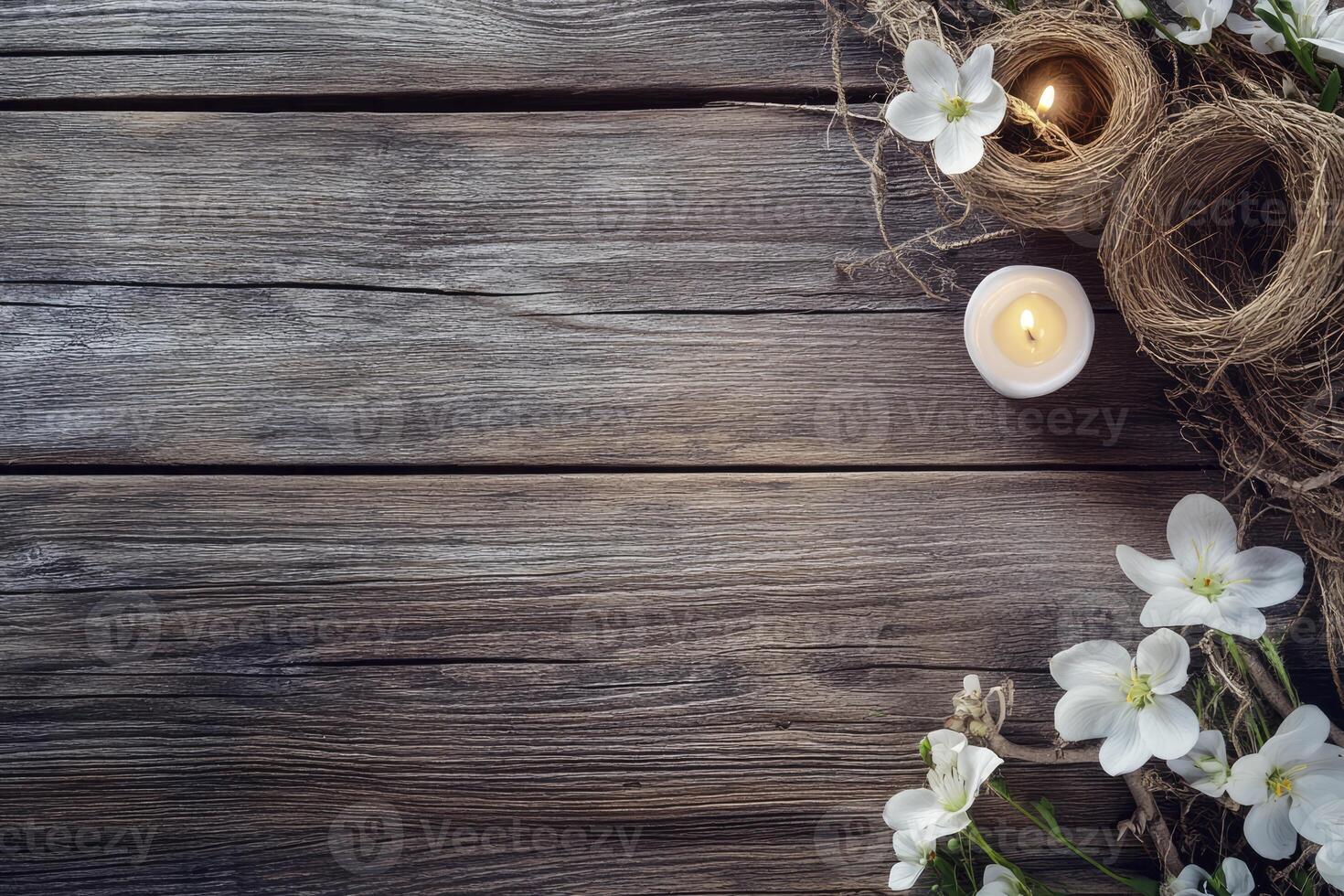 Candle and White Flowers on Rustic Wood Background for Spa photo