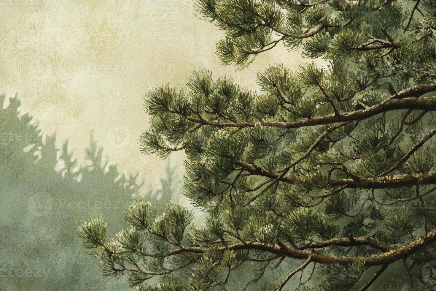Pine Tree Branches with Needles and Forest Silhouette in Soft Light photo