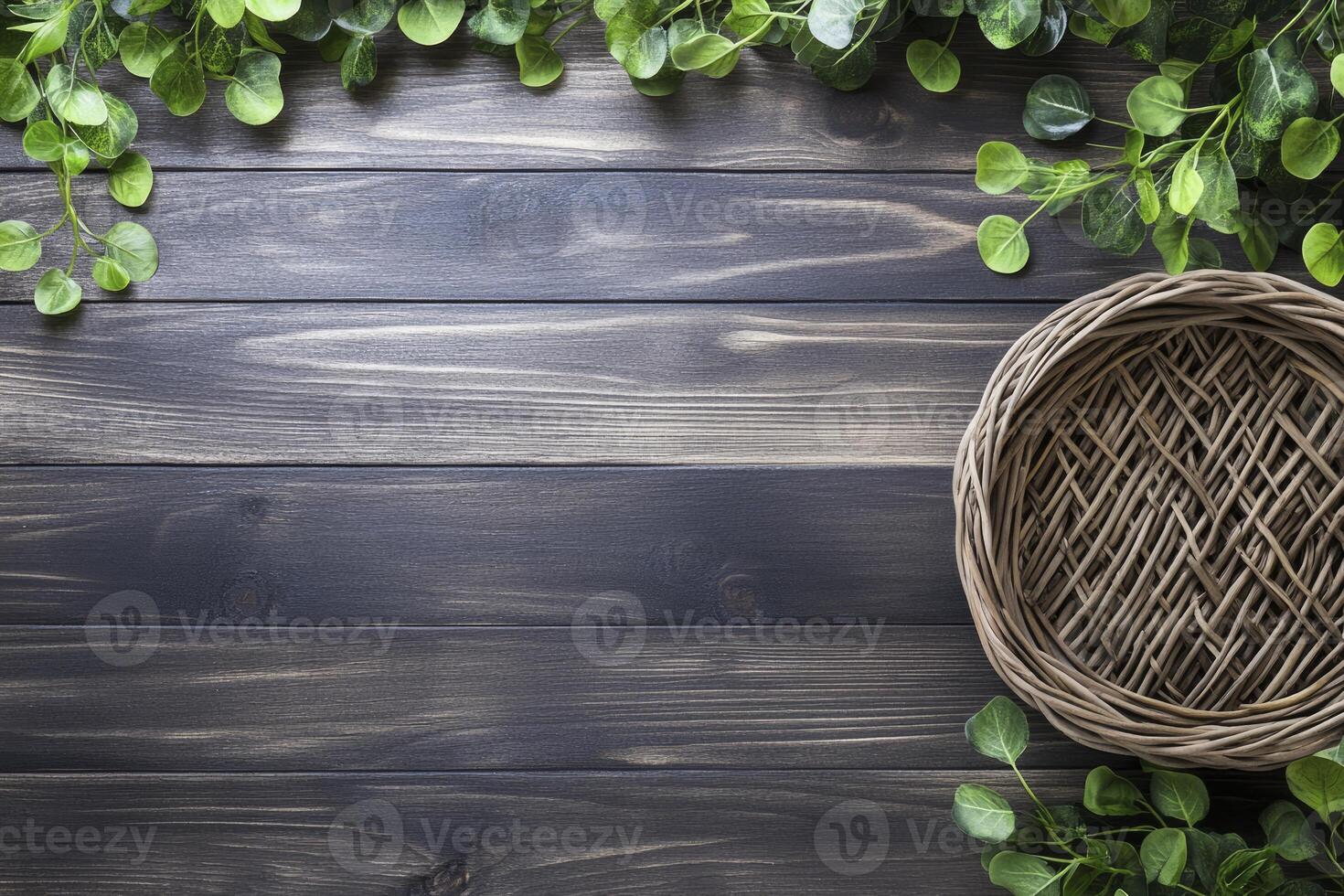 Rustic Wooden Table with Greenery and Woven Basket Overhead Shot photo
