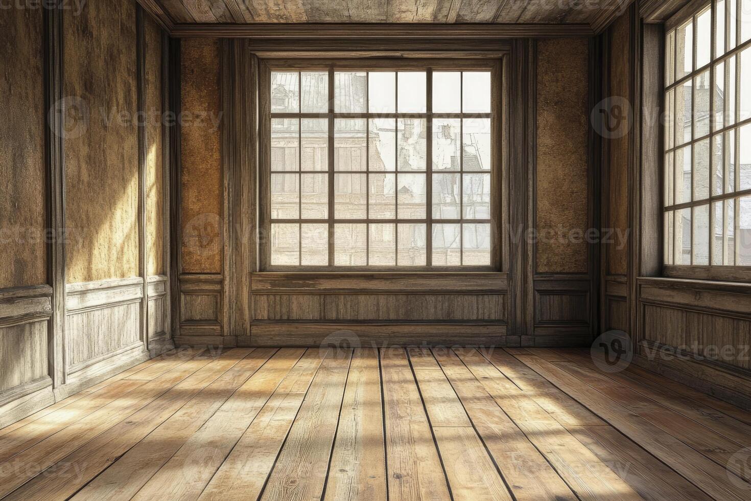 Empty Room with Large Windows and Wooden Floor and Walls photo