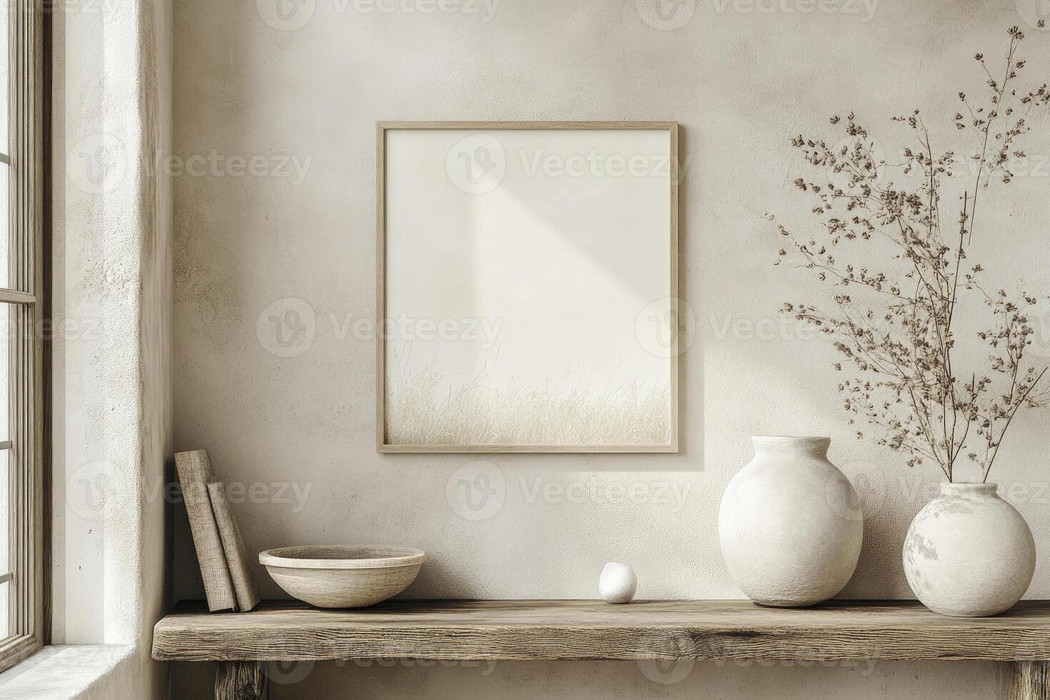 Frame Mockup on Rustic Shelf with Pottery Vases and Books photo