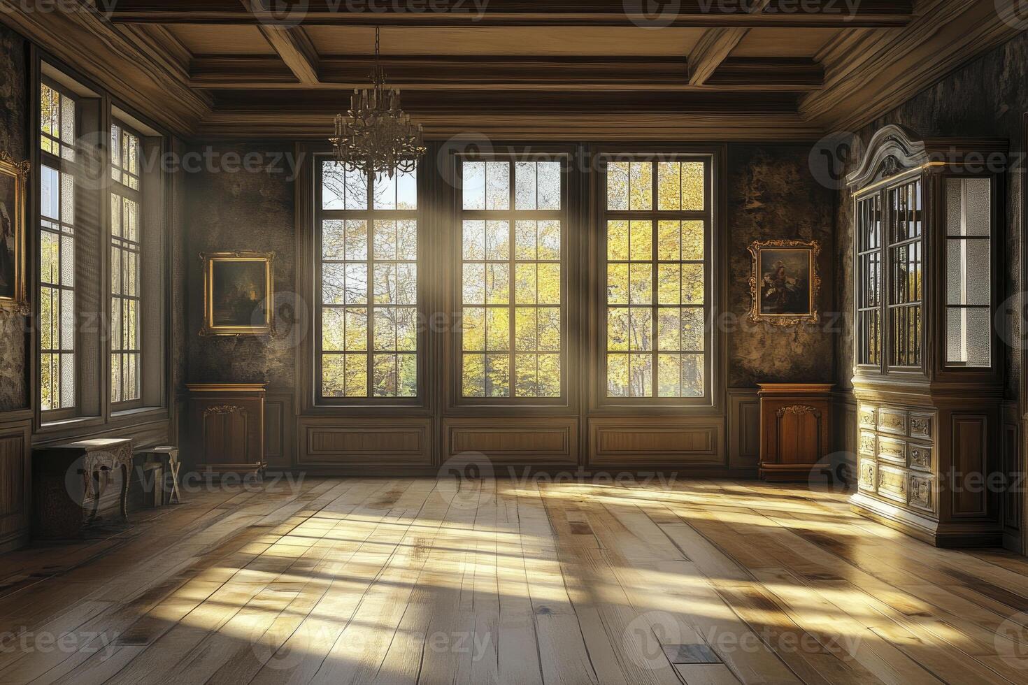 Sunlight Streaming Through Windows Illuminating Elegant Empty Room with Wooden Floor photo