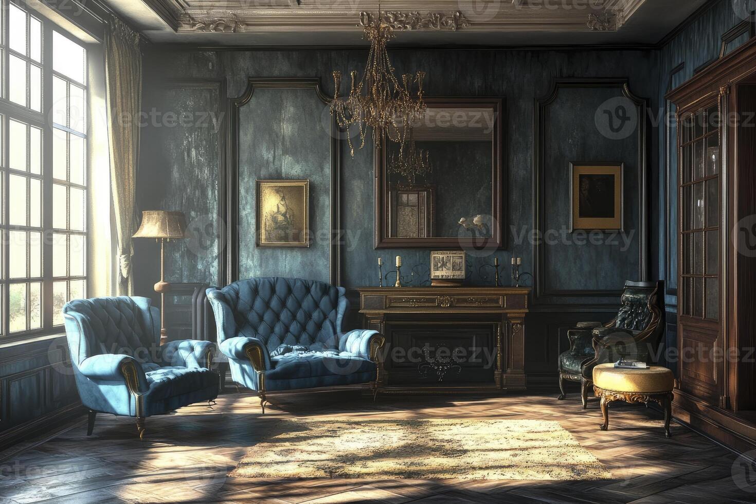 Elegant Living Room with Blue Armchairs, Chandelier, and Fireplace photo
