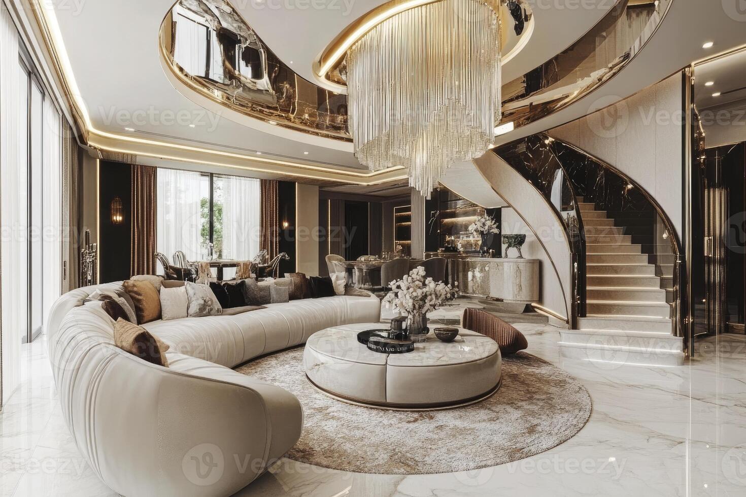 Luxury Living Room Design with Modern Sofa Chandelier and Spiral Staircase photo