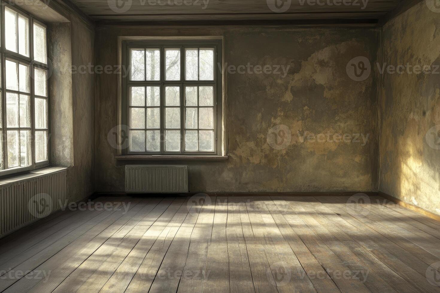 Empty Room with Sunlight Streaming Through Windows and Textured Walls photo