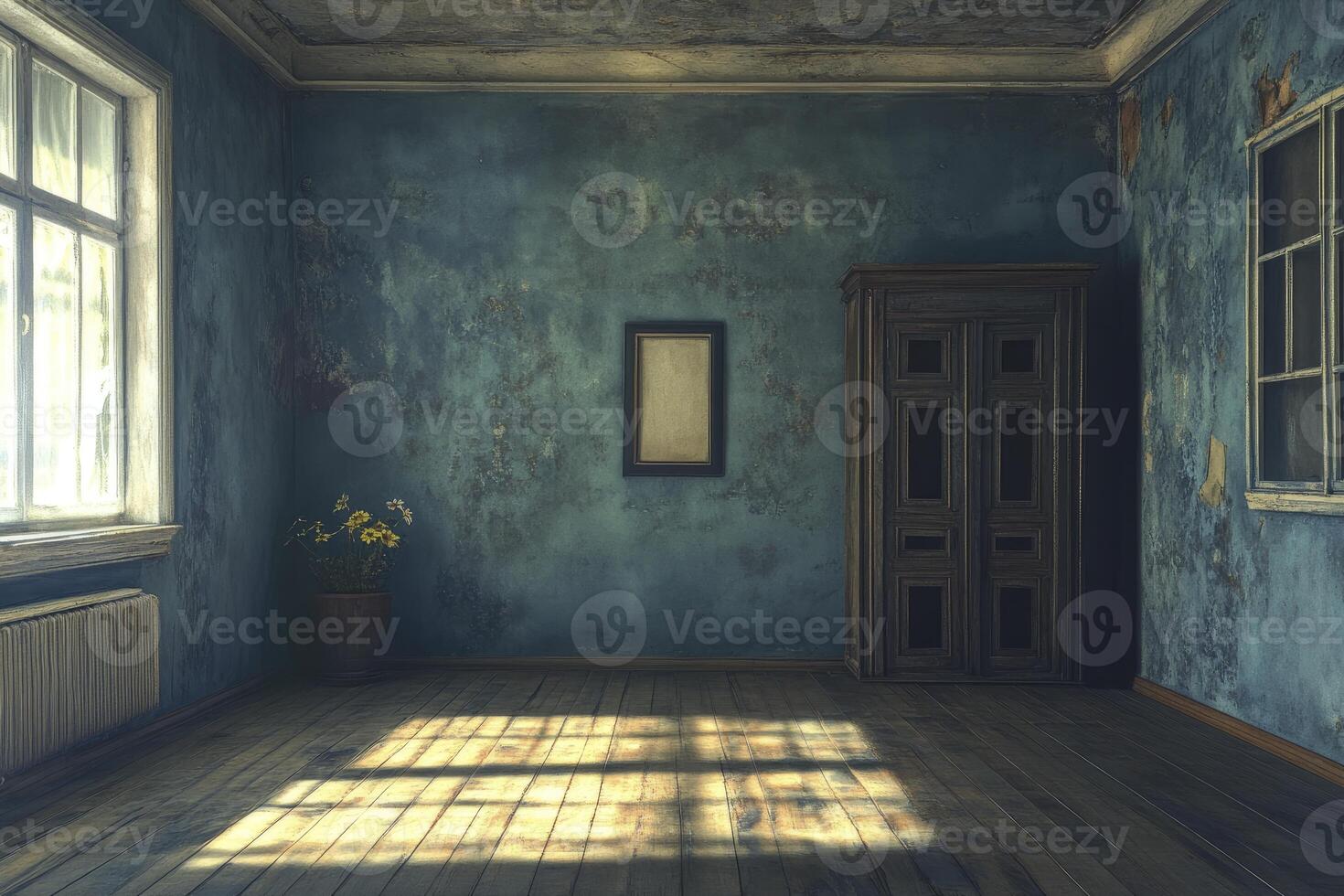 Sunlight Streaming Into Vintage Room with Textured Walls and Wooden Floor photo