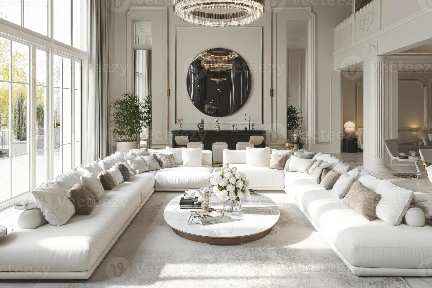 Elegant Living Room Interior with Large White Sofa and Luxury Decor photo