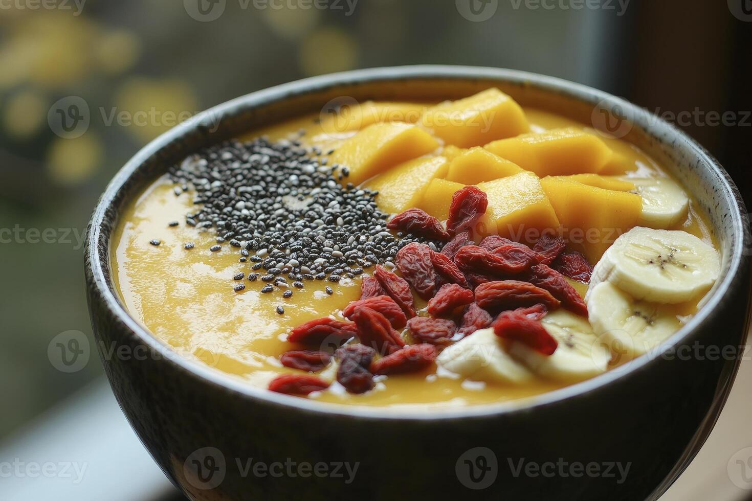 Mango Smoothie Bowl Topped with Banana, Goji Berries and Chia Seeds photo
