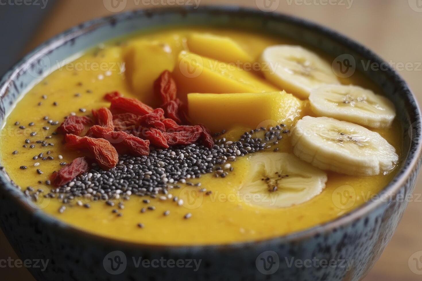 Enjoying Mango Smoothie Bowl with Banana Goji Berries and Chia Seeds photo