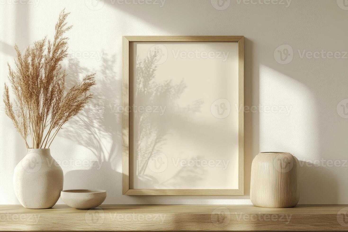 Picture Frame with Vase and Shadows on Wooden Shelf Decor Mockup photo