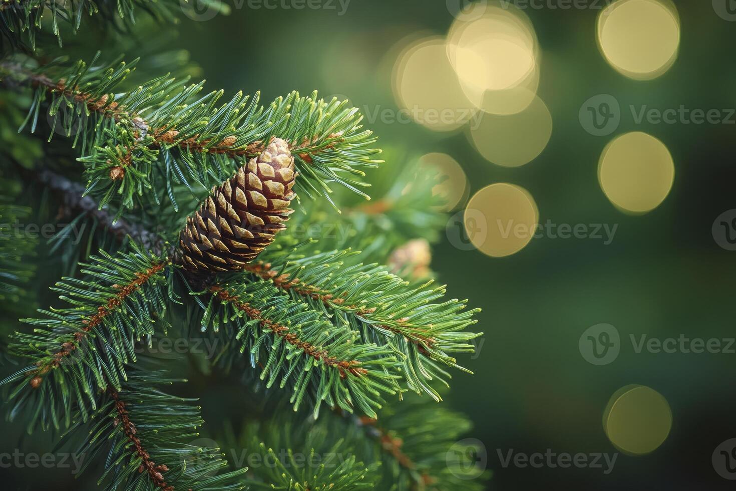 Pine Cone on Evergreen Branch with Festive Bokeh Lights Background photo