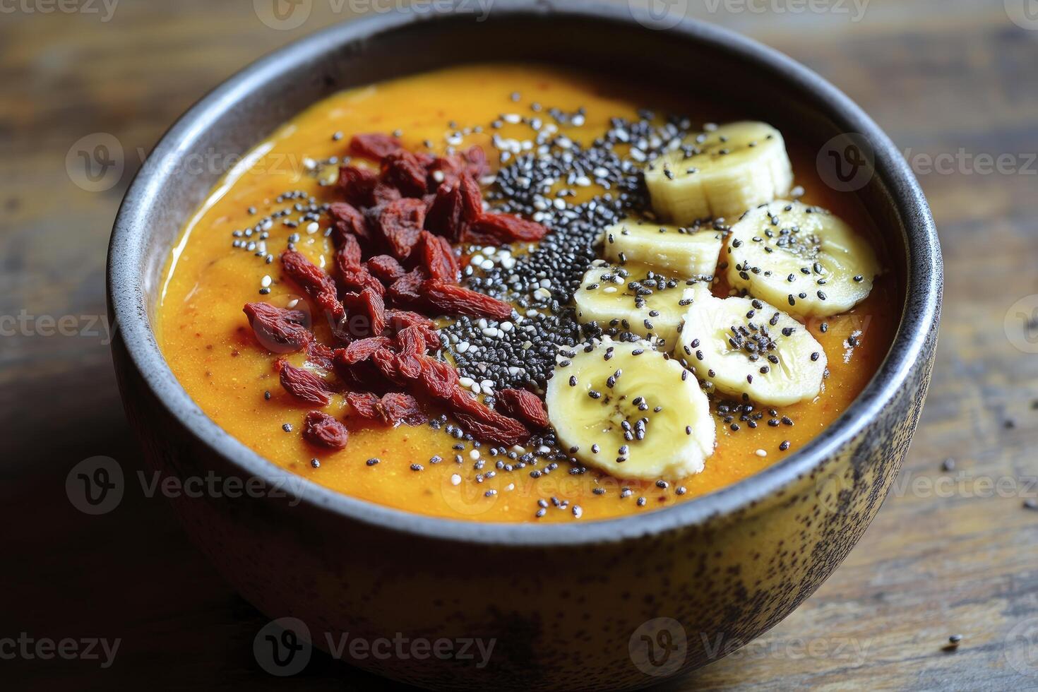 Delicious Smoothie Bowl with Banana Goji Berries and Chia Seeds Topping photo