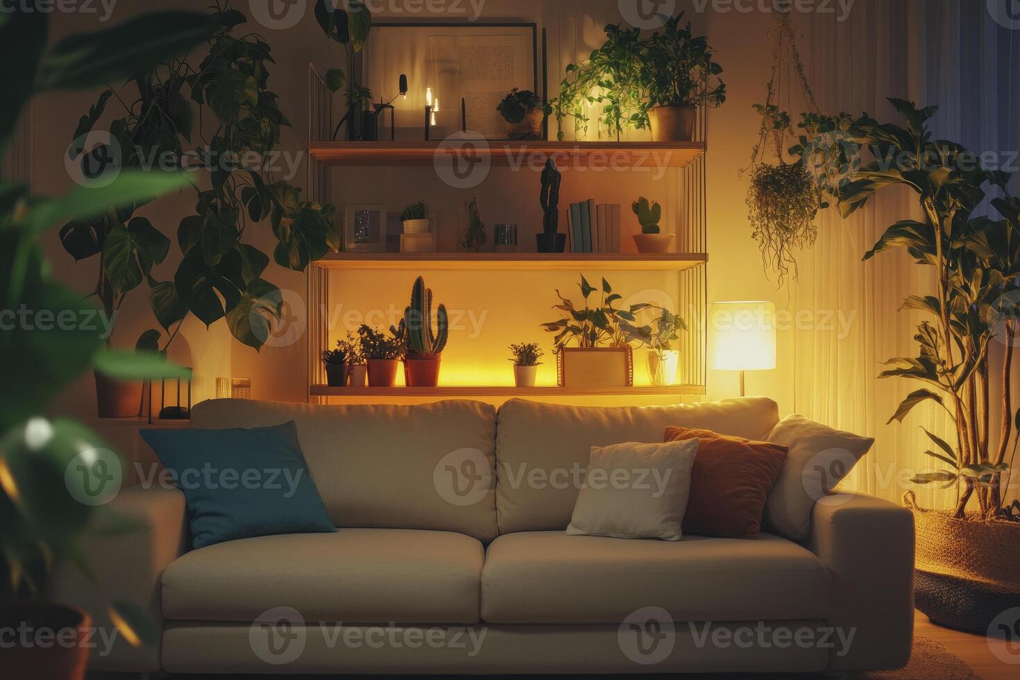 A living room with a couch, plants and lamps photo