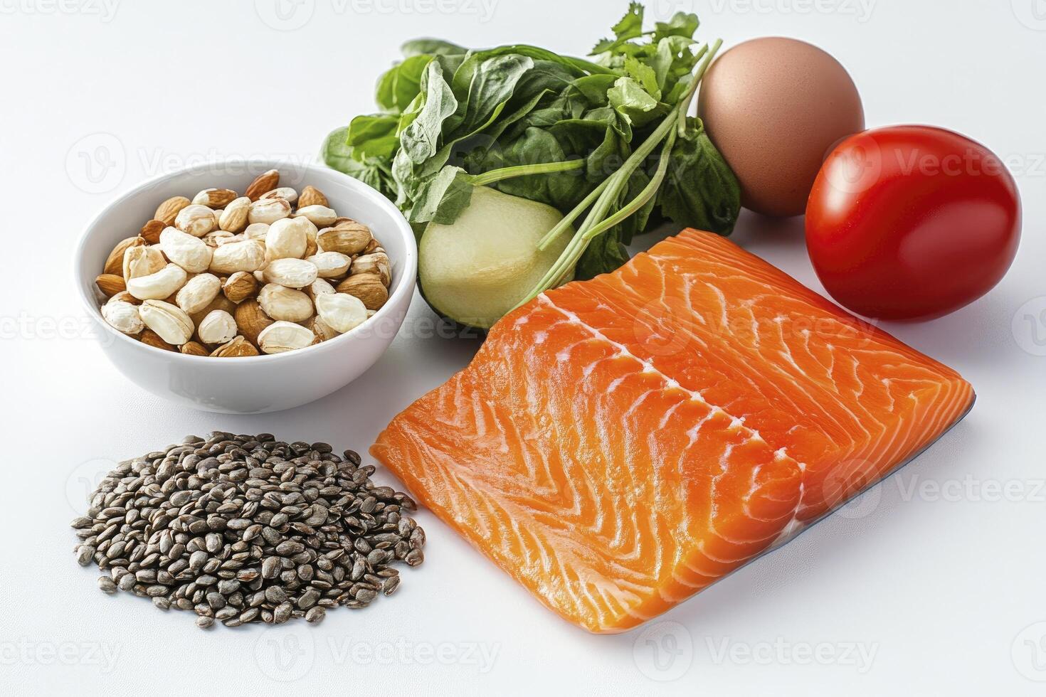 Healthy Food Composition with Salmon Spinach Nuts and Egg on White photo