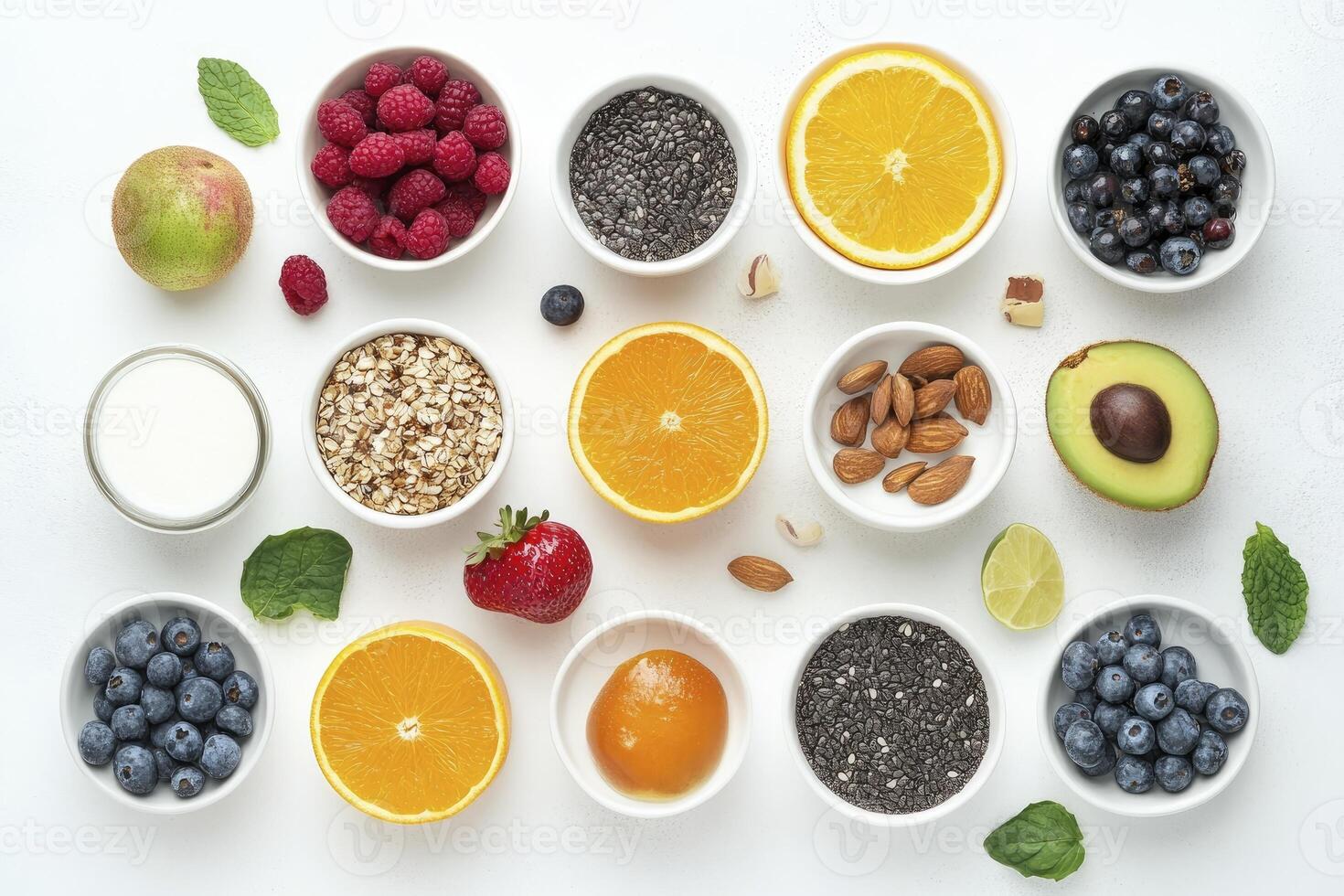 Healthy Food Assortment in Bowls Overhead View for Wellness and Diet photo