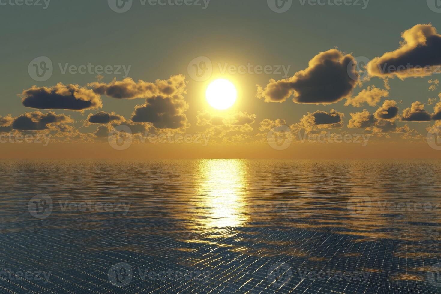 Ocean Sunset with Sun Rays and Clouds Reflecting on Water Surface photo