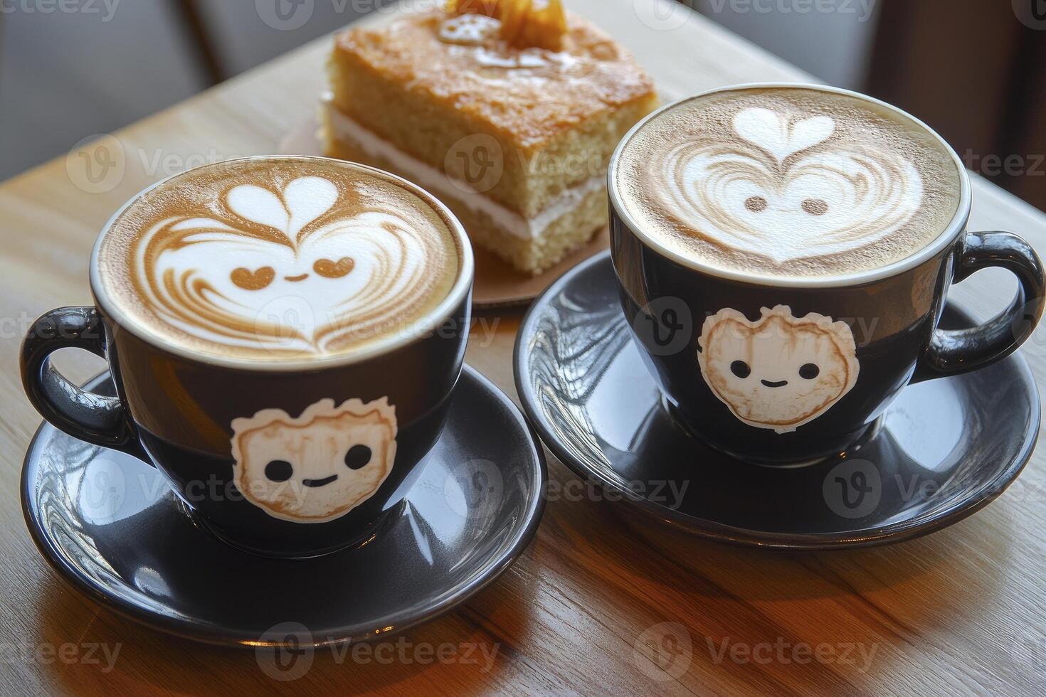 Enjoying Latte Art Coffee and Cake at Cafe Together Sharing Moments photo