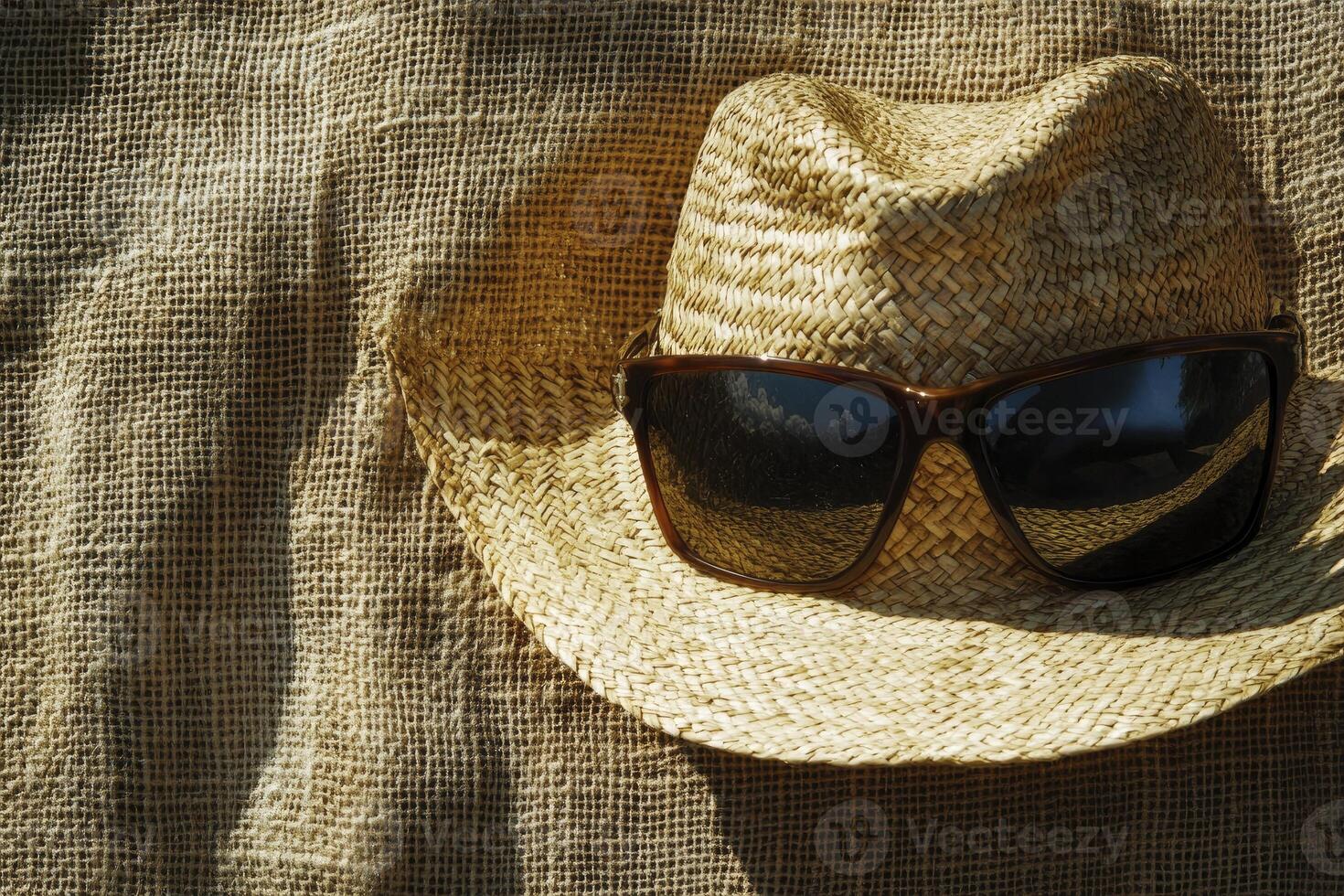 Straw Hat with Sunglasses on Burlap Background for Summer Vacation Vibe photo