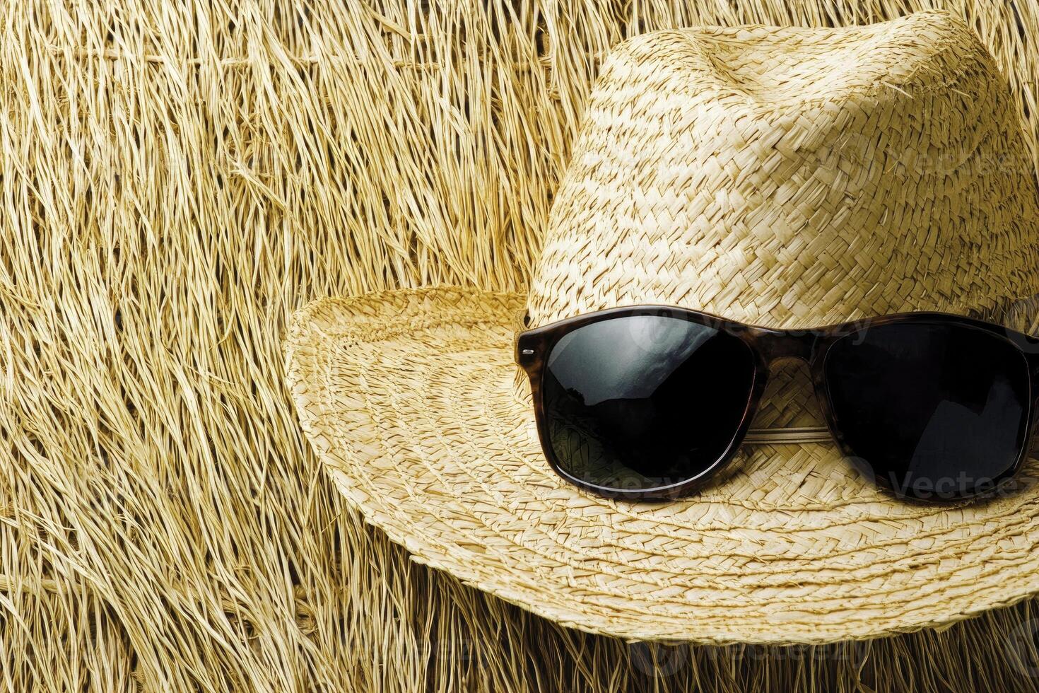 Stylish Straw Hat and Sunglasses on Woven Straw Background for Summer photo