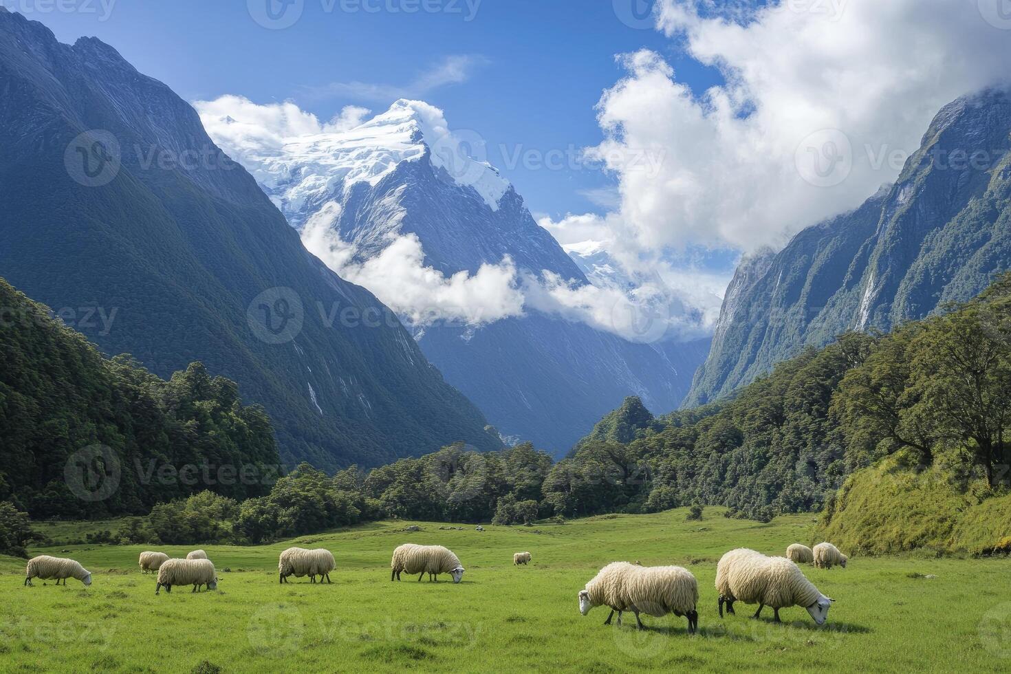 Sheep Grazing in Lush Green Valley Surrounded by Majestic Mountains photo
