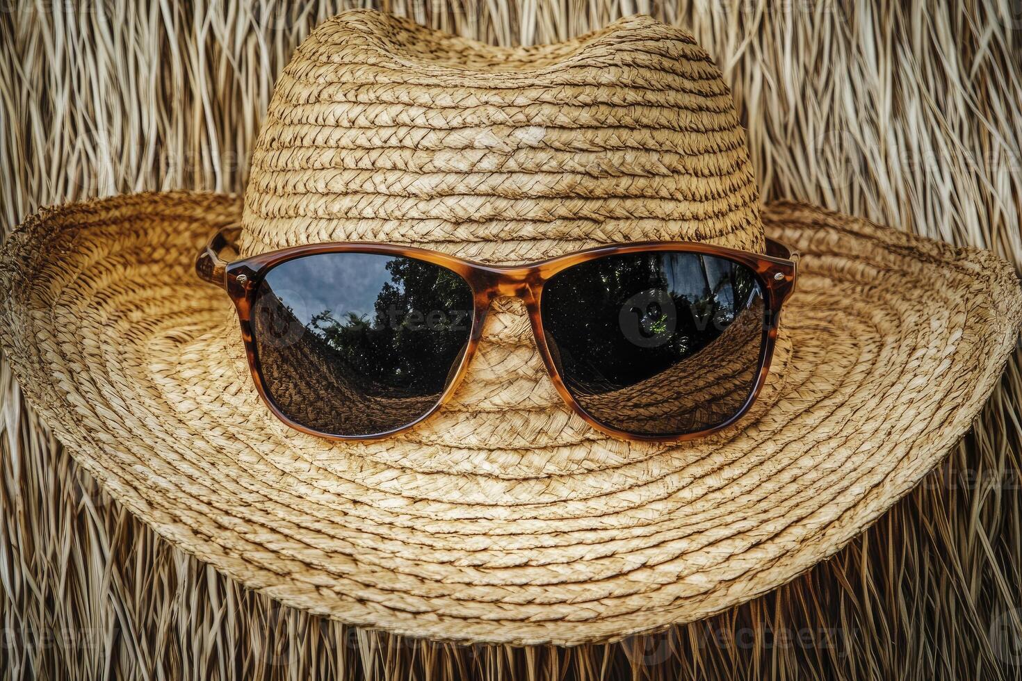 Straw Hat and Sunglasses Summer Vacation with Reflections on Dried Grass photo