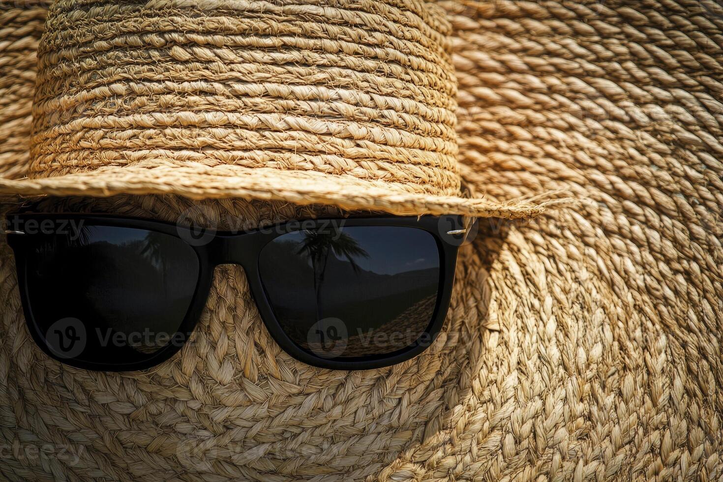 Straw Hat and Sunglasses Reflecting Tropical Beach Scene Vacation Concept photo
