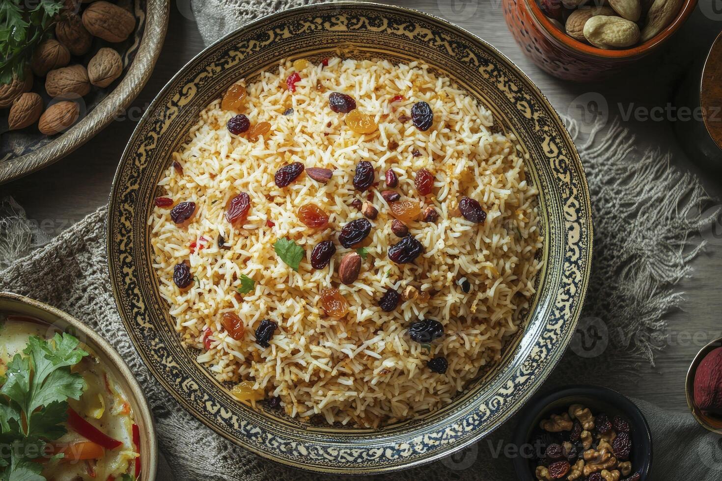 Serving of Pilaf with Raisins and Almonds in Decorative Bowl Ready to Eat photo