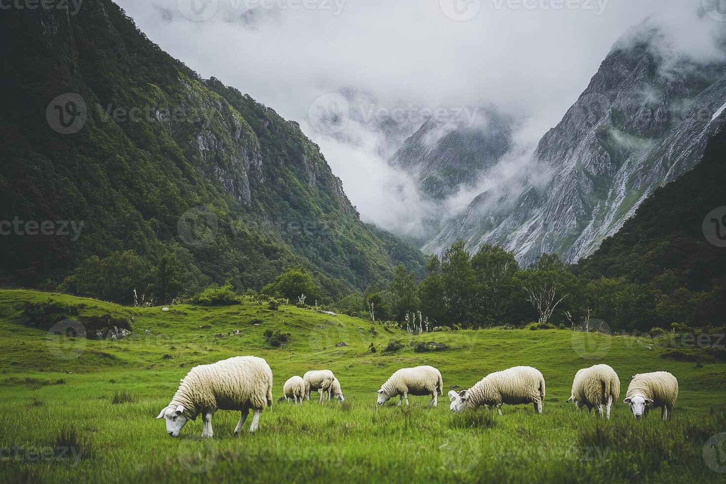 Sheep Grazing on Green Field with Mountains and Clouds Backdrop photo