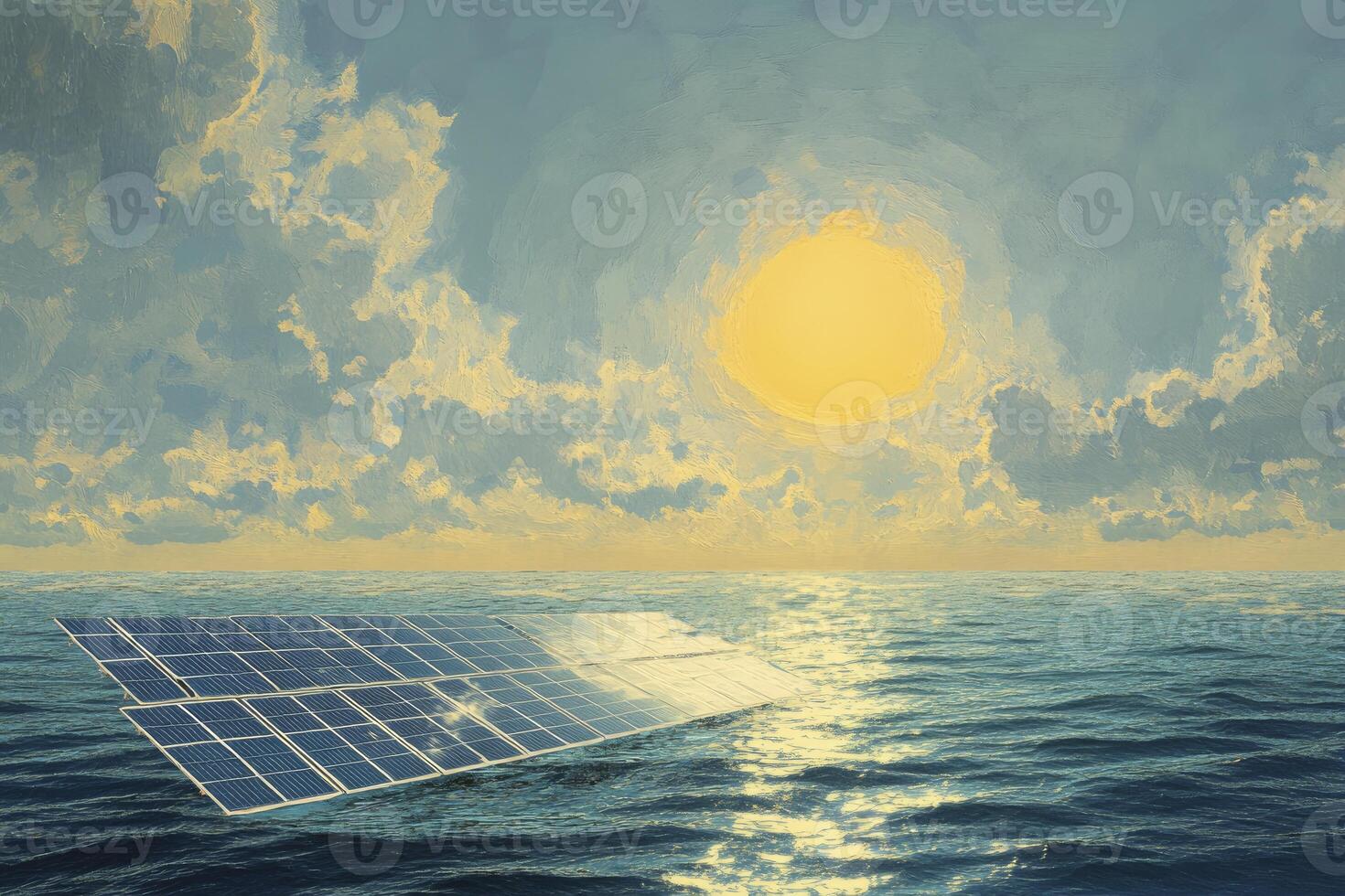 Floating Solar Panel Installation at Sea with Sun and Cloudscape photo