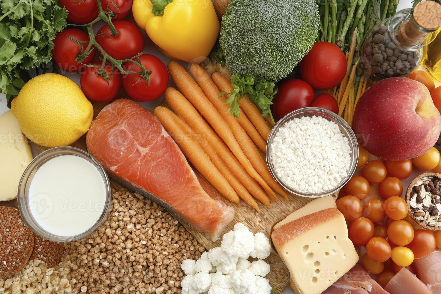 Arrangement of Fresh Healthy Food for Balanced Diet Nutrition Concept photo
