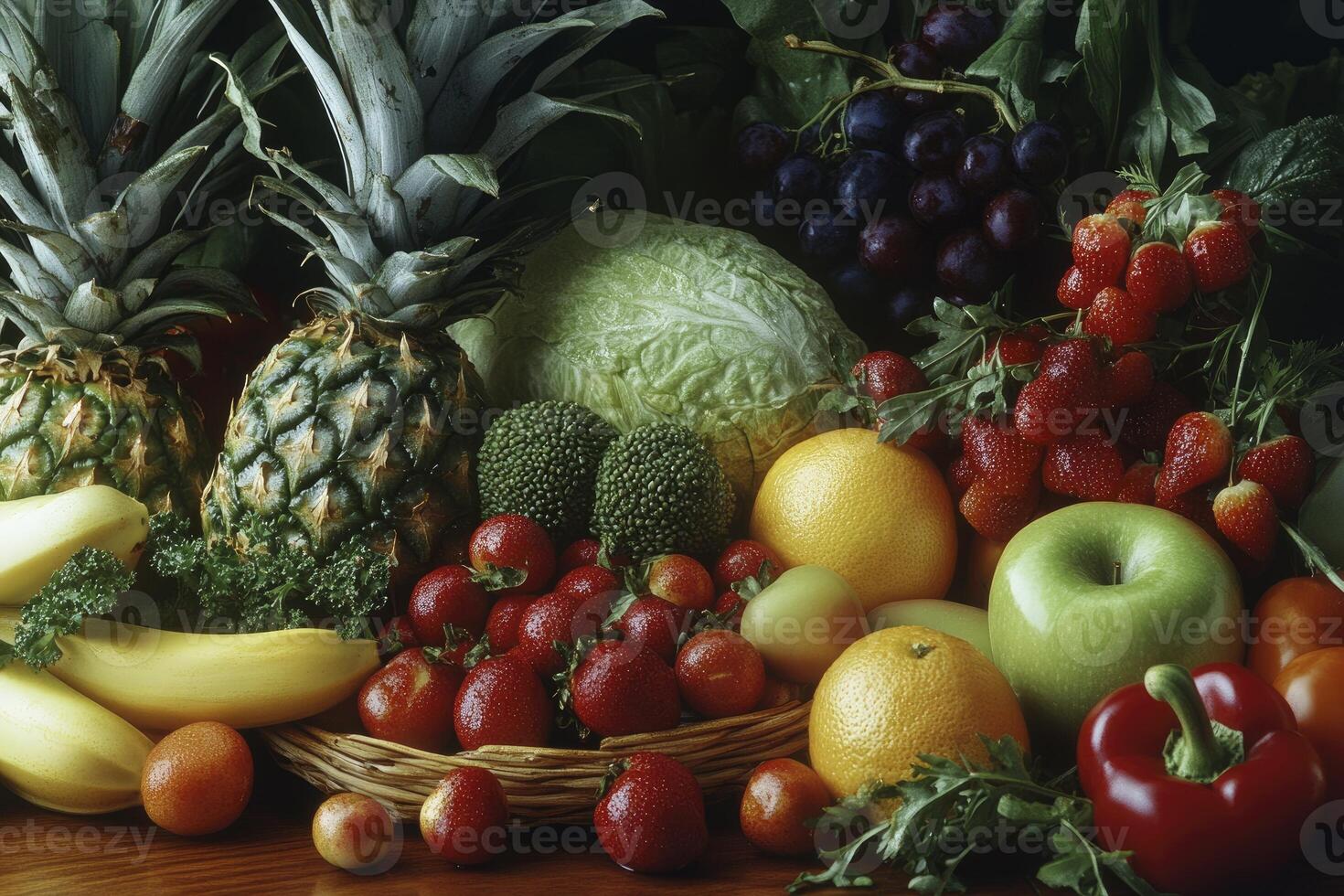 Assorted Fresh Fruits and Vegetables Still Life Arrangement on Table photo