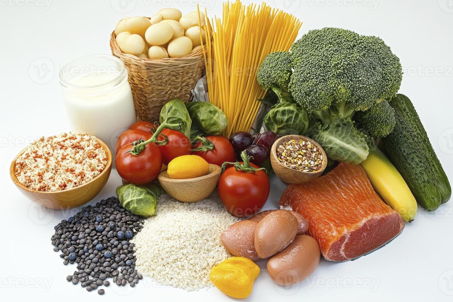 Variety of Fresh Foods for Healthy Eating on Bright Background photo