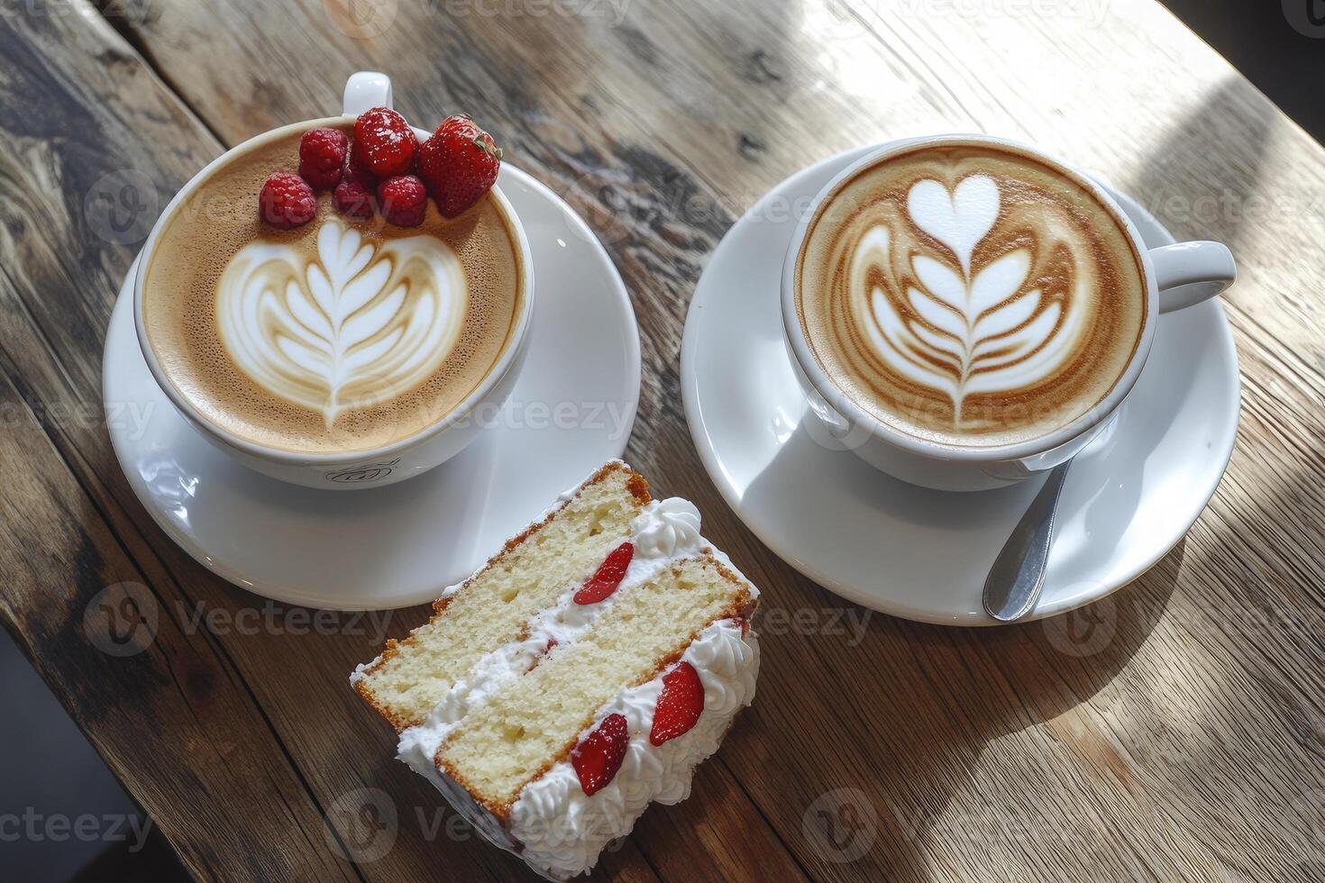Coffee with Latte Art and Strawberry Cake on Rustic Wooden Table photo