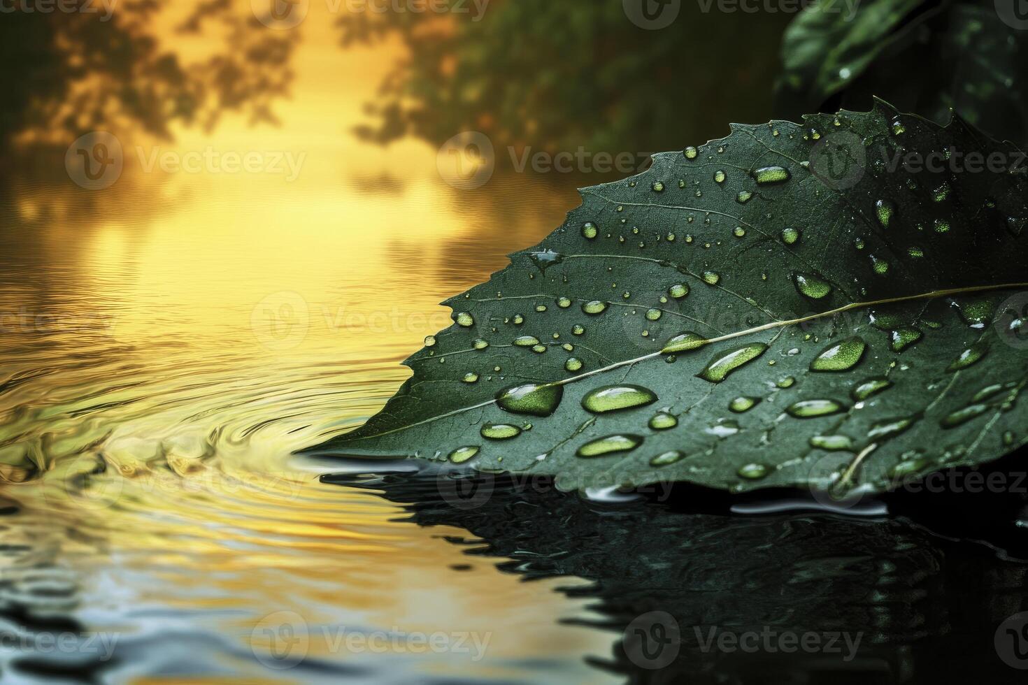 Leaf with Water Droplets Floating on Rippled Water Surface Reflection photo