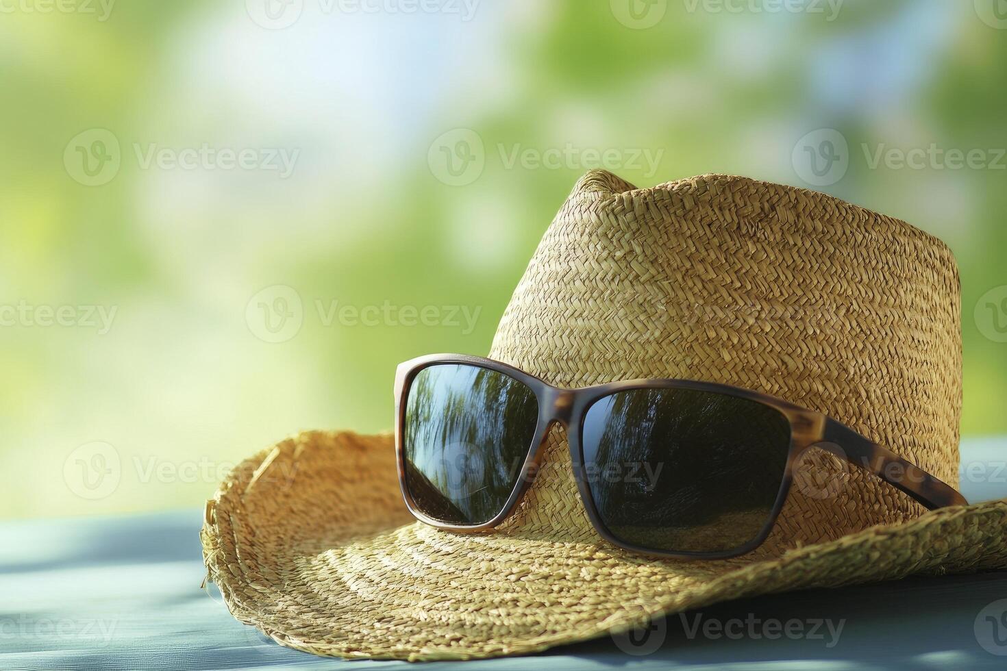 Straw Hat and Sunglasses on Table in Summer Green Background photo