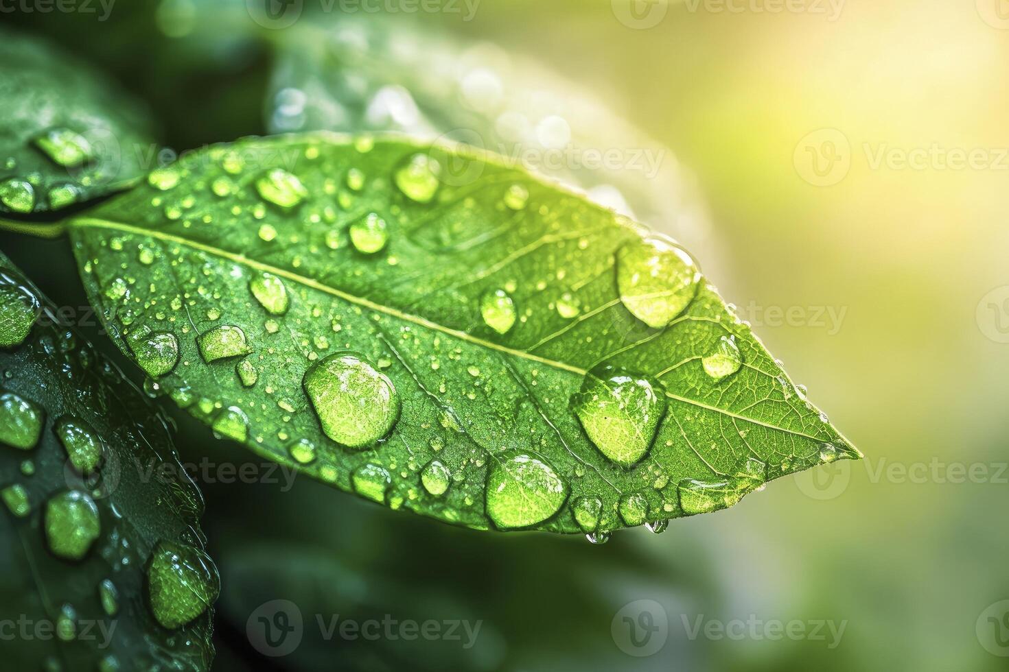 Droplets on Green Leaf Close-up After Rain Creates Refreshing Image photo