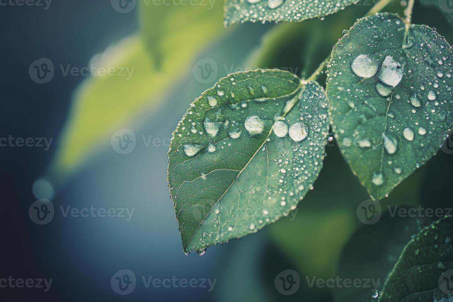 Close-up of Green Leaves Covered with Water Droplets After Rain photo