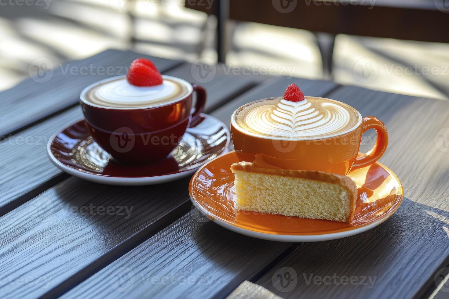 Enjoying Latte and Cake Latte Art with Raspberry on Wooden Table photo