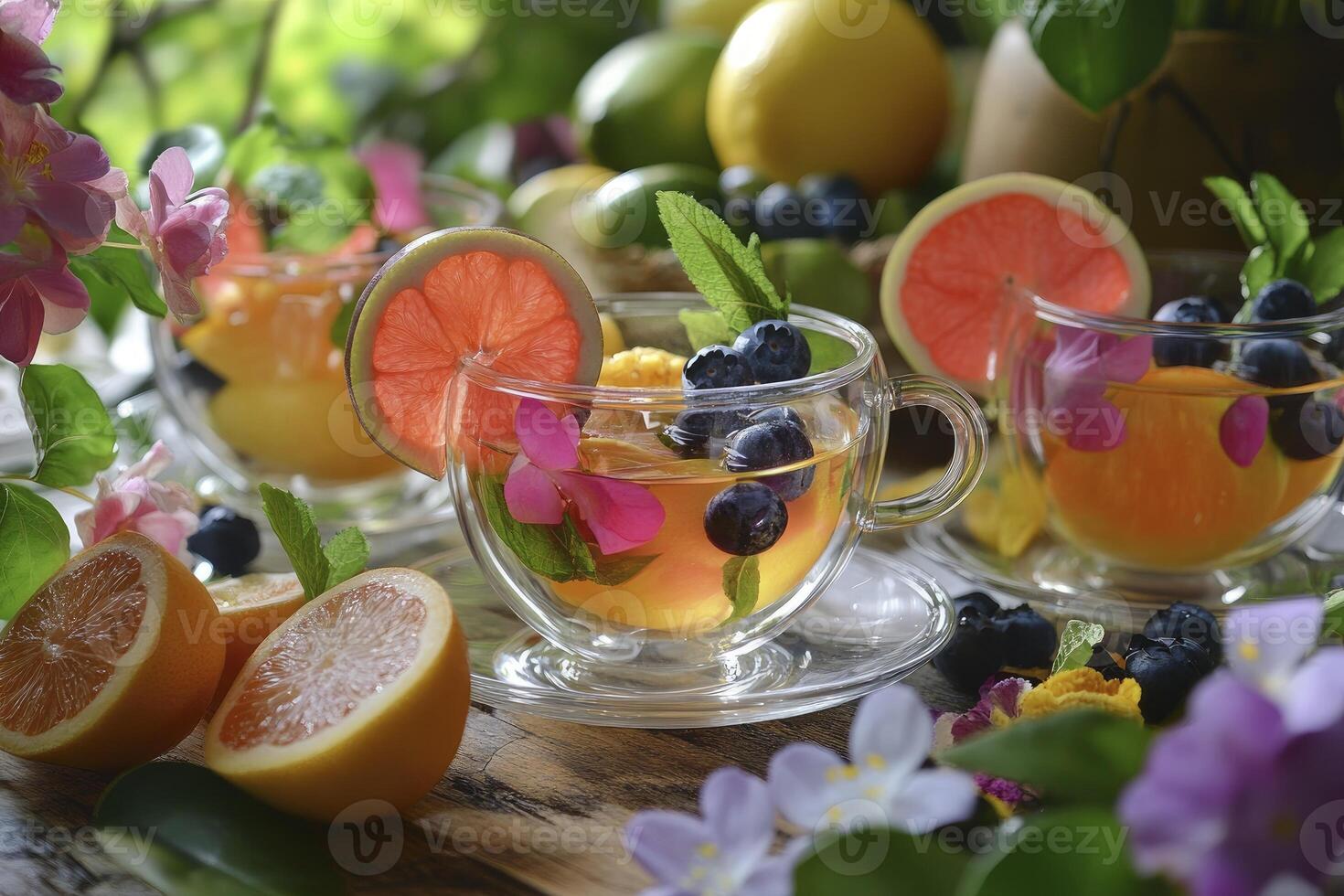 Refreshing Fruit Tea Served in Glass Cups with Citrus and Berries photo