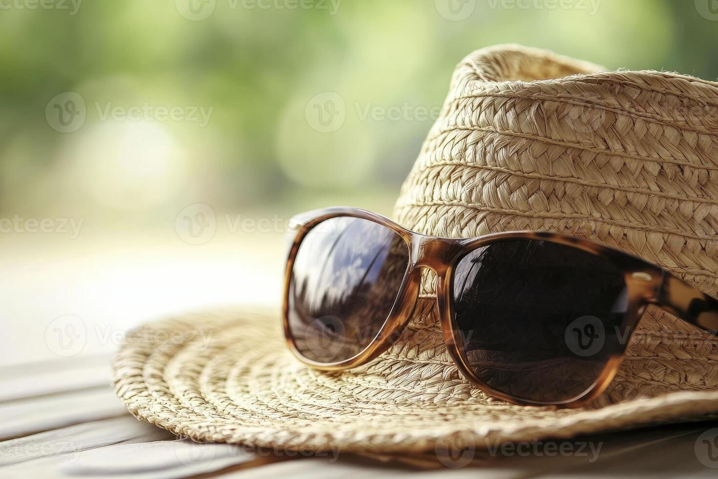 Sunglasses on Straw Hat Sitting on Wooden Table with Blurred Background photo