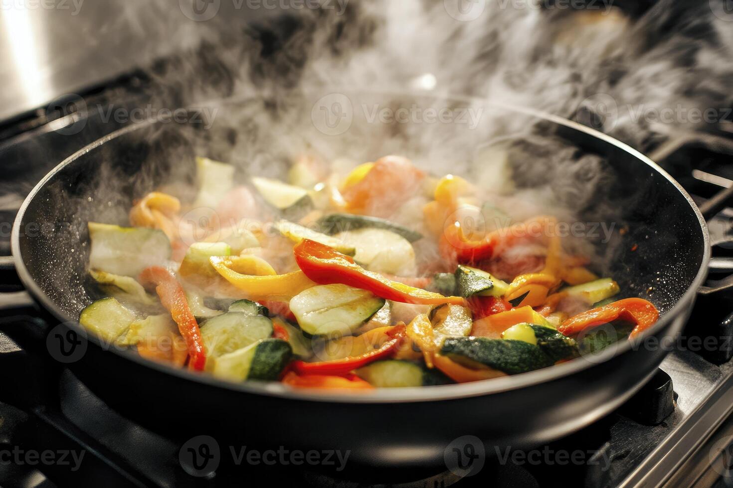 Stir Frying Fresh Vegetables in Pan on Stove with Rising Steam photo