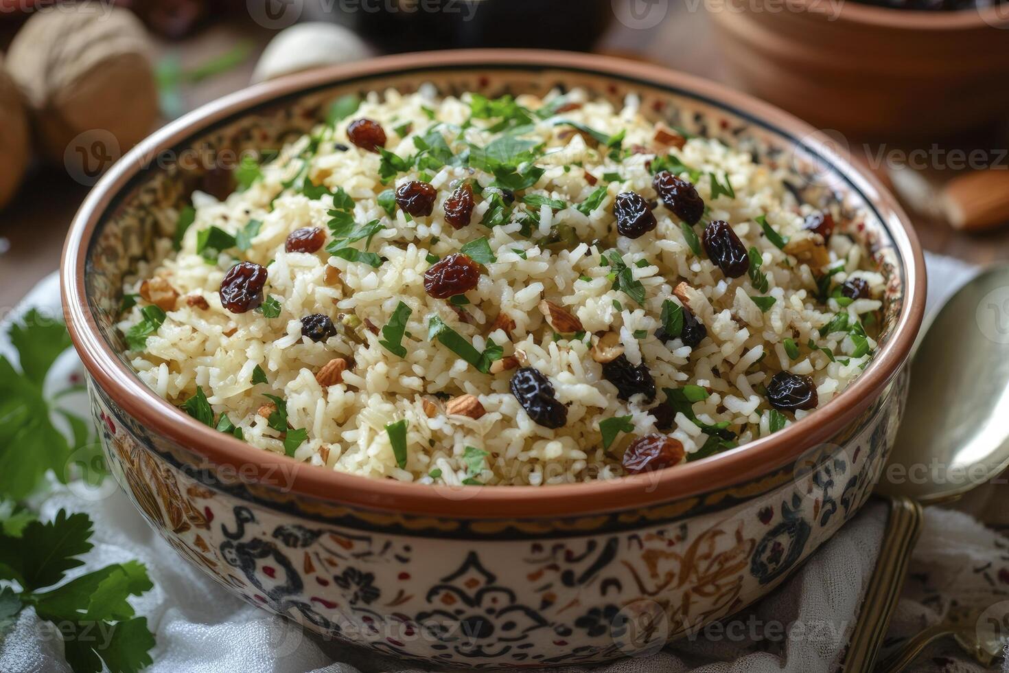 Delicious Rice Pilaf with Raisins and Almonds in Decorative Bowl photo