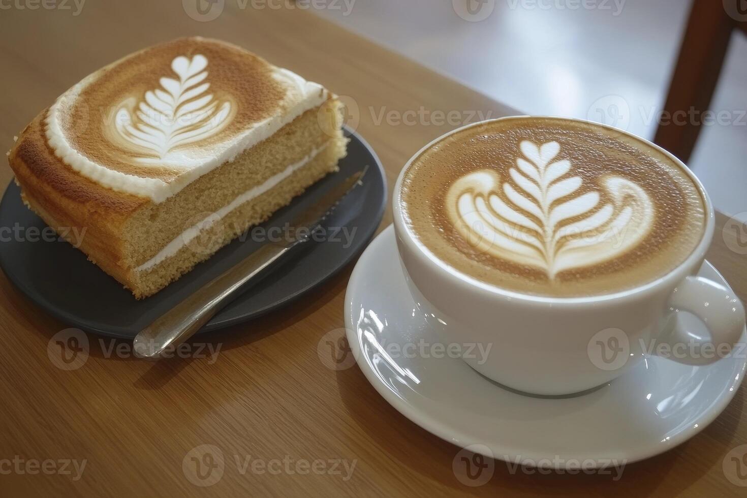 Enjoying Coffee Latte Art with Vanilla Cake Slice on Wooden Table photo